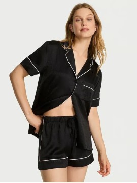 Пижама Glazed Satin Short Pajama Set Scrip Logo Black