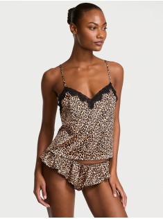 Пижама Tease Satin Lace Trim Cami & Flutter Shorts Set Natural Leopard