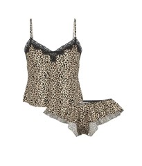 Піжама Tease Satin Lace Trim Cami & Flutter Shorts Set Natural Leopard