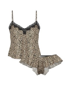 Пижама Tease Satin Lace Trim Cami & Flutter Shorts Set Natural Leopard