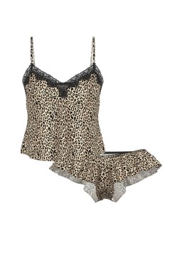 Пижама Tease Satin Lace Trim Cami & Flutter Shorts Set Natural Leopard
