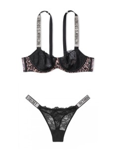 Чорний комплект білизни Вікторія Сікрет Unlined Lace Shine Strap Balconette Bra set