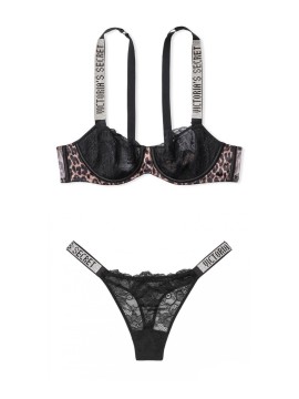 Черный комплект белья Виктория Сикрет Unlined Lace Shine Strap Balconette Bra set