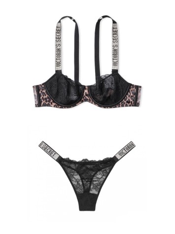 Чорний комплект білизни Вікторія Сікрет Unlined Lace Shine Strap Balconette Bra set