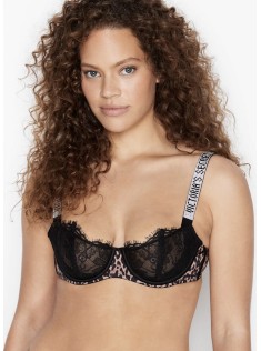 Черный комплект белья Виктория Сикрет Unlined Lace Shine Strap Balconette Bra set