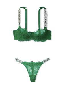 Зелений комплект білизни Вікторія Сікрет Unlined Lace Shine Strap Balconette Bra set