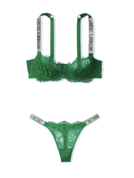 Зеленый комплект белья Виктория Сикрет Unlined Lace Shine Strap Balconette Bra set