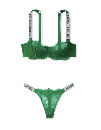 Зелений комплект білизни Вікторія Сікрет Unlined Lace Shine Strap Balconette Bra set