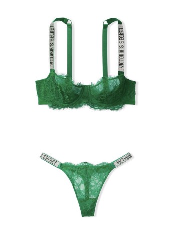 Зелений комплект білизни Вікторія Сікрет Unlined Lace Shine Strap Balconette Bra set