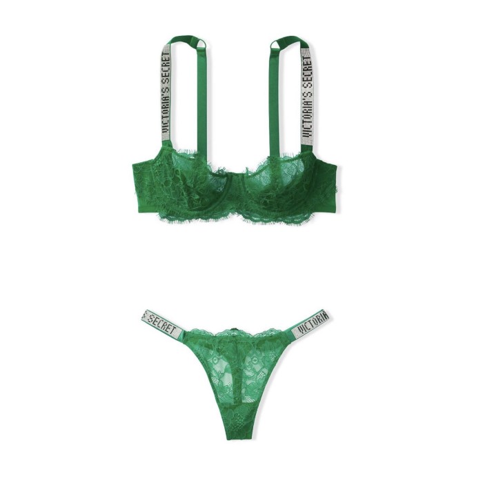 Зелений комплект білизни Вікторія Сікрет Unlined Lace Shine Strap Balconette Bra set