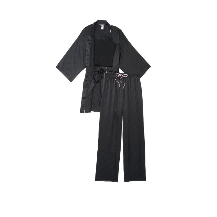 Піжама Victoria's Secret Satin 3-Piece PJ Set Black logo