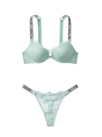 КОМПЛЕКТ БІЛИЗНИ VICTORIA'S SECRET VERY SEXY EMBELLISHED STRAP BOMBSHELL PUSH-UP BRA MINT HAZE IN LACE