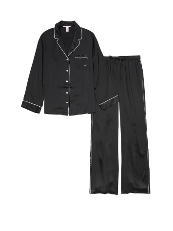 Сатинова піжама Victoria's Secret Black Satin Long PJ Set Black
