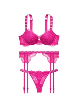 Комплект з підв'язками Shine Strap Lace Fuchsia Frenzy Push-Up Bra Set