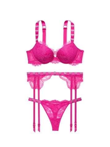 Комплект з підв'язками Shine Strap Lace Fuchsia Frenzy Push-Up Bra Set