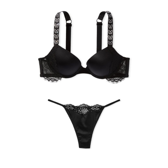 Комплект Satin & Lace Shine Strap Push-Up Bra Black Set