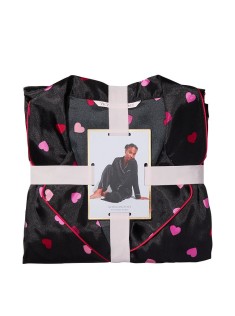 Піжама Satin Long Pajama Set Victoria's Secret Black Mini Hearts