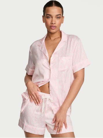 Пижама Victoria's Secret Signature Satin Short Pajama Set White & Pink Logo