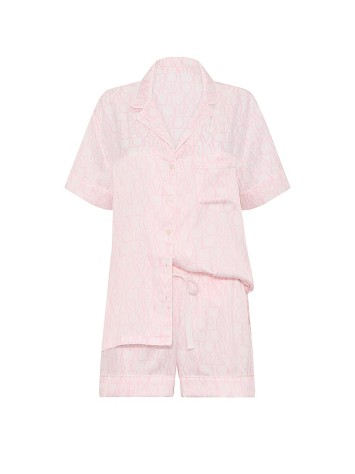 Пижама Victoria's Secret Signature Satin Short Pajama Set White & Pink Logo