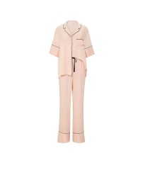 Піжама Victoria's Secret Signature Satin Short-Sleeve Long Pajama Set Beige 