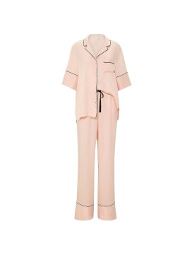 Пижама Victoria's Secret Signature Satin Short-Sleeve Long Pajama Set Beige