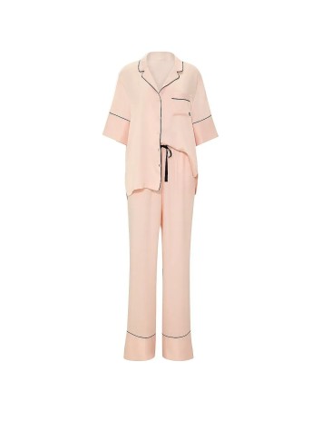 Пижама Victoria's Secret Signature Satin Short-Sleeve Long Pajama Set Beige