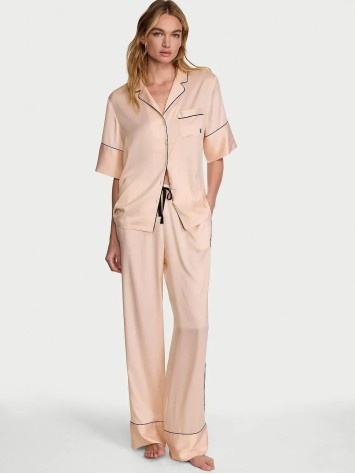 Пижама Victoria's Secret Signature Satin Short-Sleeve Long Pajama Set Beige