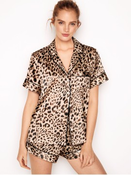 Сатиновая пижама Victoria’s Secret The Satin Short PJ Set Champagne Nude Leopard Spots