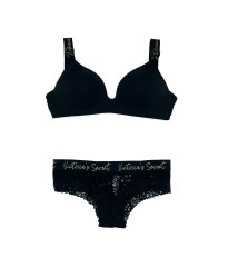 Комплект белья Victoria’s Secret T-shirt Lightly Lined Black Lurex straps Logo Bra set