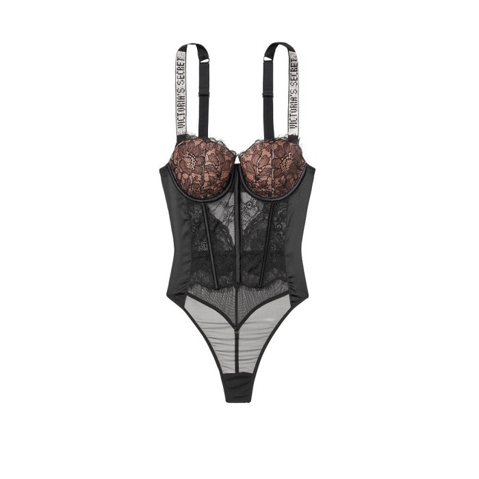 Боди Виктория Сикрет Very Sexy Black Lace Logo Shine Strap Teddy