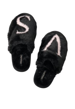 Домашні капці Victoria's Secret Black Logo Faux Fur Slippers