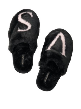 Домашние тапочки Victoria's Secret Black Logo Faux Fur Slippers