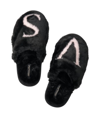 Домашние тапочки Victoria's Secret Black Logo Faux Fur Slippers
