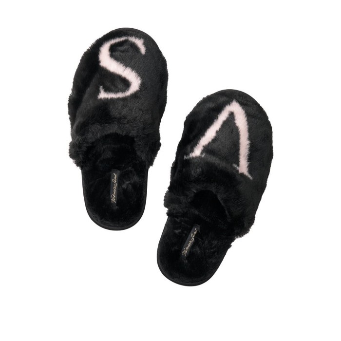 Домашние тапочки Victoria's Secret Black Logo Faux Fur Slippers