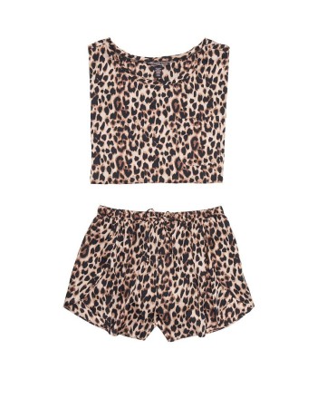 Піжама VS The Satin Oversized T-Shirt &amp; Petal Short PJ Set Leopard