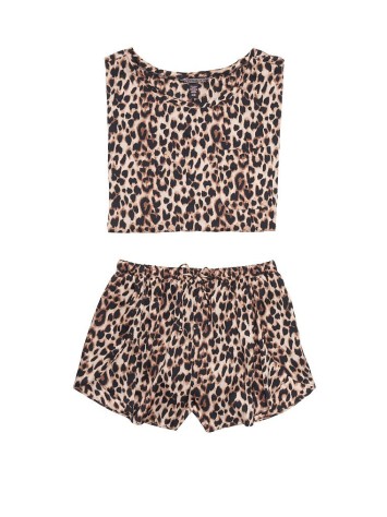 Піжама VS The Satin Oversized T-Shirt &amp; Petal Short PJ Set Leopard
