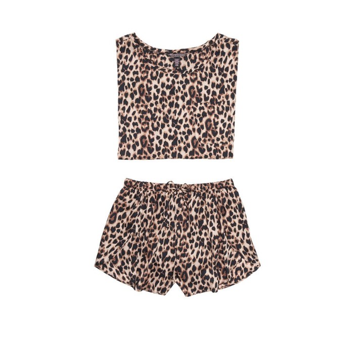 Піжама VS The Satin Oversized T-Shirt &amp; Petal Short PJ Set Leopard