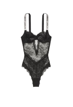 Боді Victoria's Secret Very Sexy Black Lace Lightly Lined Logo Shine Strap Teddy