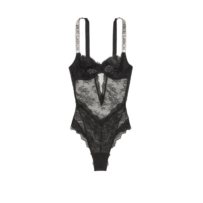 Боді Victoria's Secret Very Sexy Black Lace Lightly Lined Logo Shine Strap Teddy