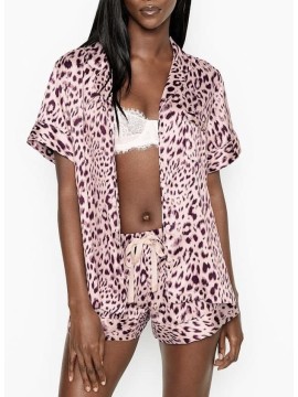 Пижама Виктория Сикрет Satin Short PJ Set Pink leopard