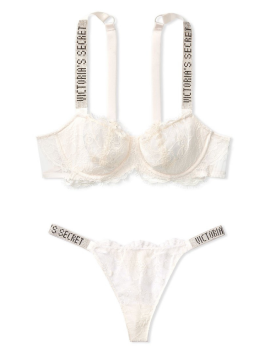 Білий комплект білизни Вікторія Сікрет Unlined Lace Shine Strap Balconette Bra set