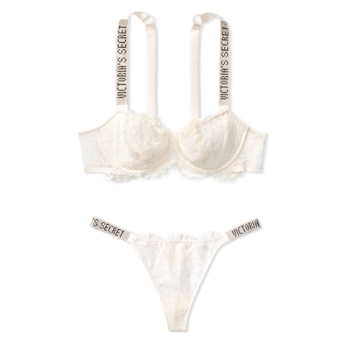 Белый комплект белья Виктория Сикрет Unlined Lace Shine Strap Balconette Bra set