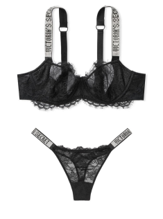 Комплект белья VS Unlined Black Lace Shine Strap Balconette Bra set