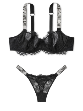 Комплект белья VS Unlined Black Lace Shine Strap Balconette Bra set