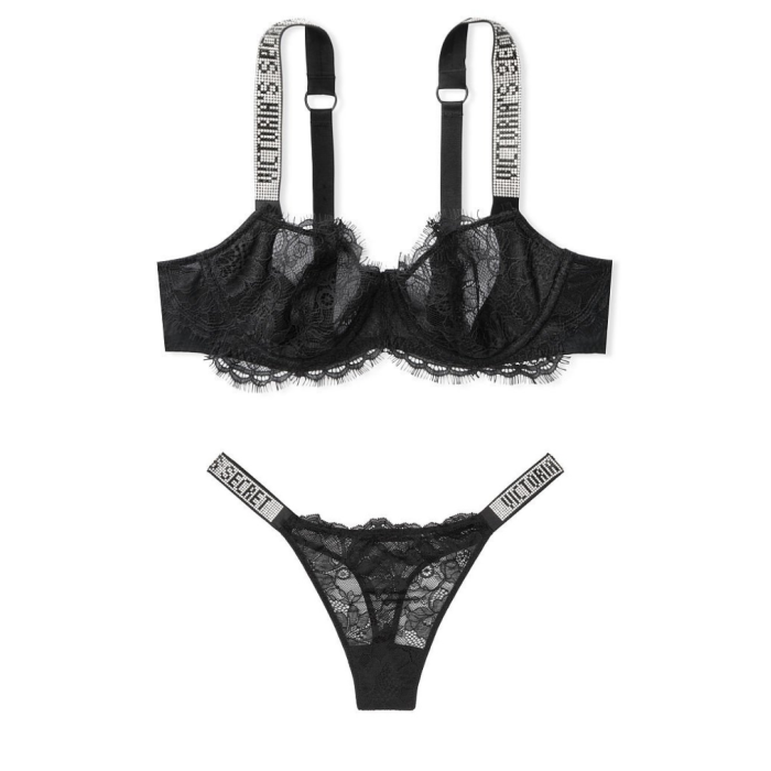 Комплект белья VS Unlined Black Lace Shine Strap Balconette Bra set