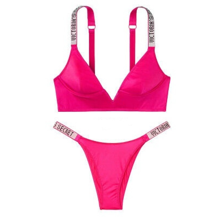 Комплект білизни зі стразами VS Embellished Straps V-WIRE Long Line Fuchsia Bralette