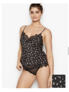 Піжама Victoria&#39;s Secret Long Cami Set Black Lace &amp; Flower print