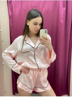 Сатинова піжама в рожеву смужку Victoria's Secret The Satin Short PJ Set