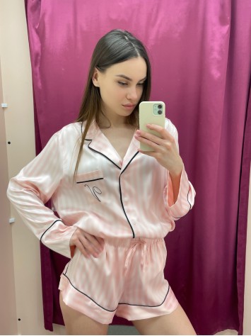 Сатинова піжама в рожеву смужку Victoria's Secret The Satin Short PJ Set