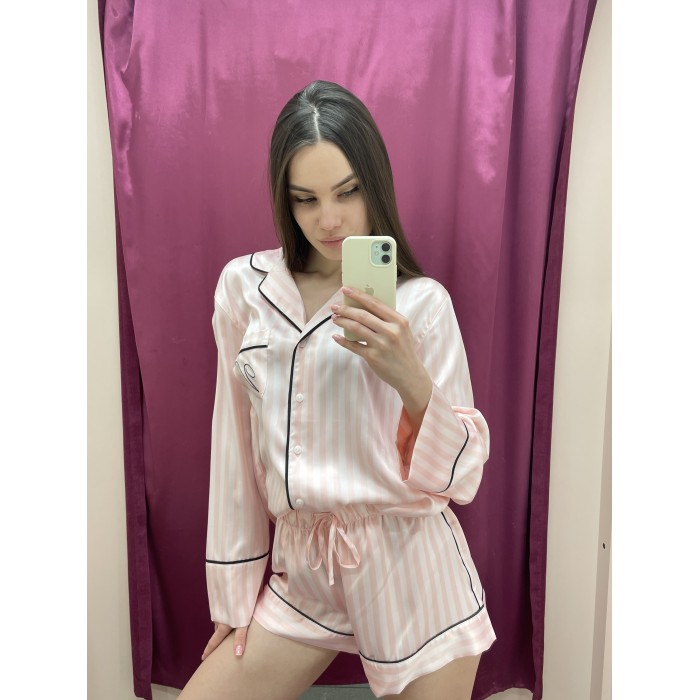 Сатинова піжама в рожеву смужку Victoria's Secret The Satin Short PJ Set